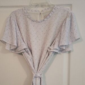 LOFT Plus White and Navy Patterned Blouse with Ruffle Sleeves